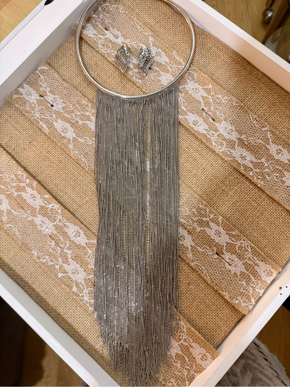 Long Silver Fringe Statement Necklace with butterfly Earrings